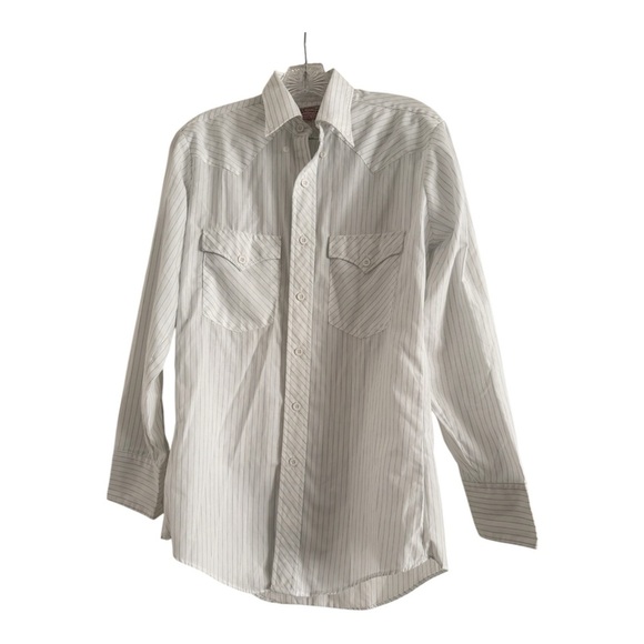 H BAR C Western Wear Men Long Tail White Blue Stripes Button Up Shirt-14 1/2 -32 - Picture 1 of 8